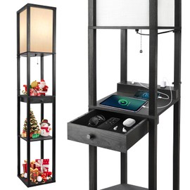 OUTON Floor Lamp with Shelves, 1 Drawer, 2 USB-C Ports, 2 AC Outlets, LED Modern Floor Lamp with 3 Color Temperature, Storage Display Wood Standing Lamp for Living Room, Bedroom, Office (Black)