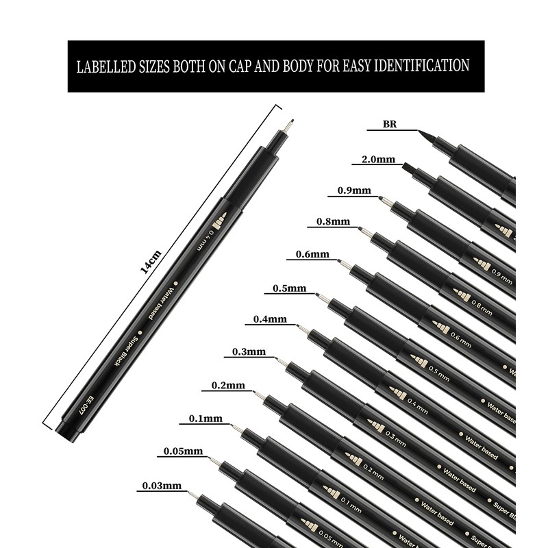EuroElement Black Fineliner Pens Set Art Supplies 12 Pack Technical