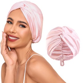 Adjustable Silk Satin Hair Bonnet for Sleeping Women, Double Layer, Silk Hair Wrap for Sleeping Women Men, Curly Natural Braid Straight Unisex (Pink)