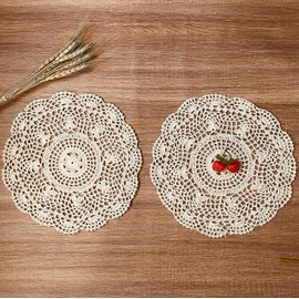 HannyBoo Handmade Crochet Cotton Lace Doilies (2 Pack), 12Inch Round Table Placemats Doily for Glass,Bowl, Dish, Dining Table - Beige