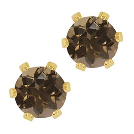Gem Stone King 1.60 Cttw Round Brown Smoky Quartz Gold Plated 6-Prong Stud Earrings For Women Men 6MM