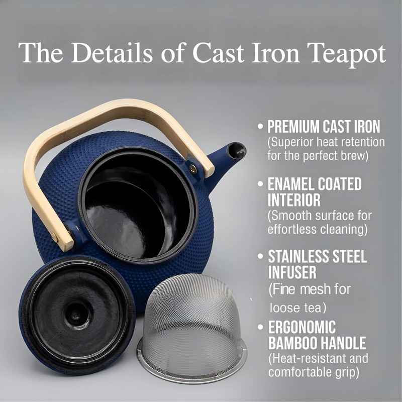 SECHUDO 30.4oz Small Tea Kettle, Blue Cast Iron Teapot with