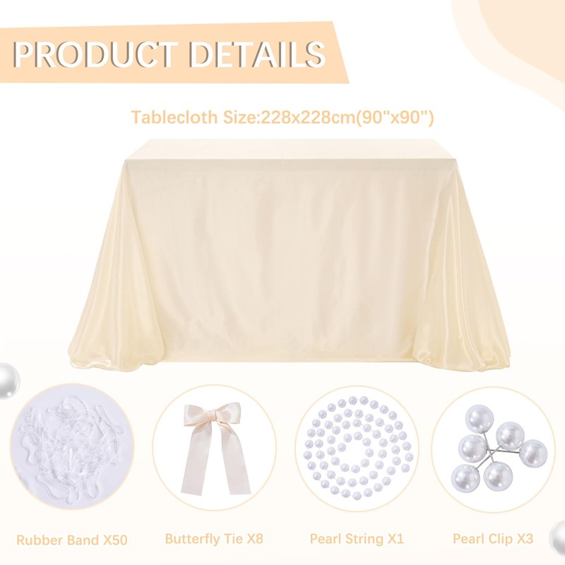 BrillShine Satin Tablecloth 90 x 90 Inch Cream Festive DIY