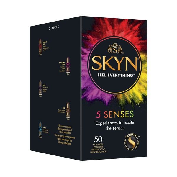 SKYN 5 Senses Condoms (50 Pieces) | Skynfeel Latex-Free Condoms for Men with Nubs and Taste, Real Feel, Wave Texture, Daiquiri Aroma, Warming Gel, Cooling Menthol Gel