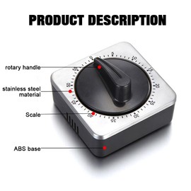 Casenly 60 Minute Kitchen Clock, Mechanical Stainless Steel Kitchen Timer, Magnetic, Square Egg Timer, Countdown Timer with Loud Alarm for Household Kitchen Baking (Silver Black)