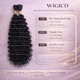 Human Braiding Hair Mix Synthetic Boho Hair for Braiding, 20 Inch Deep Wave Bulk for Boho Braids 2 Pcs Curly Bohemian Wet and Wavy Braiding Hair(27#, 