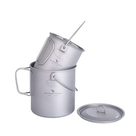 iBasingo Titanium Cup for Camping, Outdoor Hanging Pot with Lid, Folding Handle and Spork, Ultralight Cup for Tea, Coffee and Water, Picnic Cookware, 300 ml, 420 ml, 600 ml, 750 ml, 900 ml, 1100 ml or 1250 ml