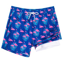SURF CUZ Mens Swim Trunks with Compression Liner Mens Swimming Trunks 5 Inch Bathing Suit with Zipper Pockets Quick Dry Swim Shorts Navy Flamingo Medium