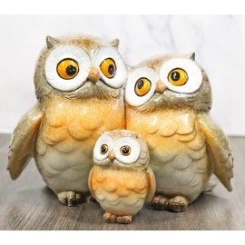 Forest Whimsical Mother Father Owls And Baby Owlet Family Trio Figurine