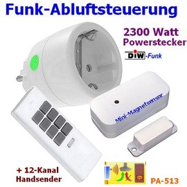 DIW-Funk Exhaust Control PA-513 Economy Set Window Contact Switch DFM-2000 + Power Plug DSR-2300 + 12-Channel Handheld Transmitter DHS-12 Wireless for Cooker Hood Fireplace Oven