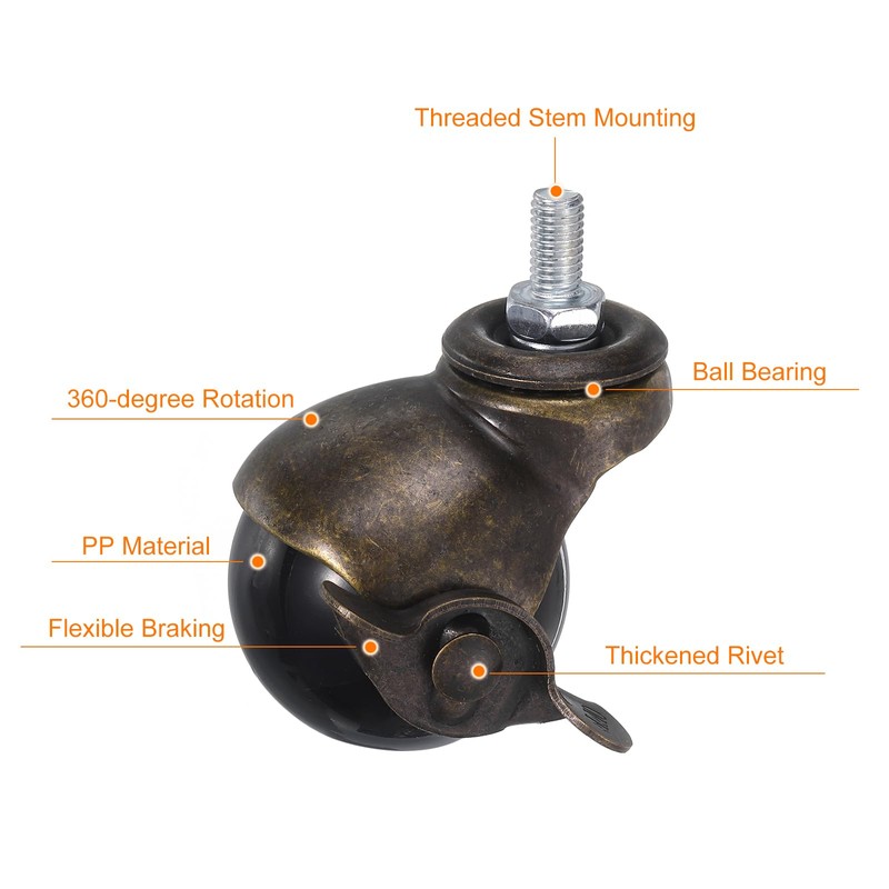 uxcell 2 Inch Ball Caster Wheels with Brake, 4pcs Threaded