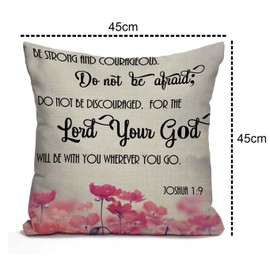Tomda Christian Bible Verses Scripture Quotes Joshua-1-9 Pink Flowers Farmhouse Cushion Cover 45x45cm 18x18 Inch Home Decor Cotton Linen Throw Pillow Case Pillow Cover for Sofa Couch