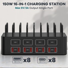 RUANSZZ 150W/35A Charging Station for Multiple Devices, RUANSZZ 16 Port USB~C Fast Charging Station, Multiple Charger Organizer Compatible with Cell Phone, iPad, Kindle, Tablet and Other Electronic