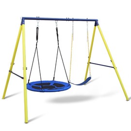 Springtok Swing Sets for Backyard, 440lbs Swing Set with Heavy-Duty Metal Frame and Adjustable Ropes, Rainbow Colored Waterproof for Round Swing for Backyard Park - Style: Blue Saucer and Seat