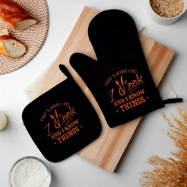 This is What I do, I Cook, I Know Things, Fun Oven Mitts and Pot Holders Set, Silicone Non-Slip Insulation, Great Helper for Cooking, Baking and Grilling, Gift for Mom
