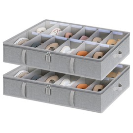 StorageWorks Under Bed Shoe Storage Organizer, Underbed Shoes Container with Adjustable Dividers, Shoe Storage Basket with Cover, Grey, 2-Pack, Space-Saving Shoe Box Fits up to 24 Pairs