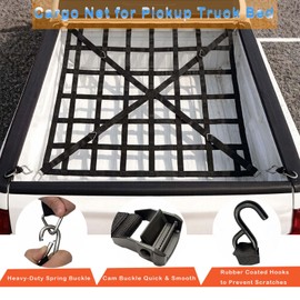 Cargo Net for Pickup Truck Bed (66'' X 50'') Heavy Duty 1100lbs Capacity,Adjustable Straps with Cam Buckles & S-Hooks.Thick Herringbone Nylon,for Trucks,Trailer,Jeep, SUV,with Car Tire Cleaning Hook