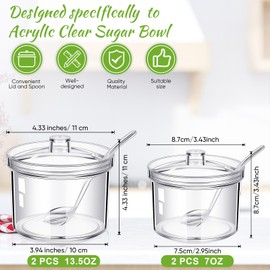 Baderke 4 Pieces Acrylic Sugar Containers for Countertop 7.1oz 13.5oz Clear Sugar Bowl with Lid and Spoon with Tag Salt Holder Dispenser for Serving Condiment Candy Coffee Tea Spices Herbs