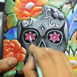 Anuschka Women’s Original Hand-Painted Genuine Leather RFID Blocking Three Fold Wallet - Tooled Midnight Calavera