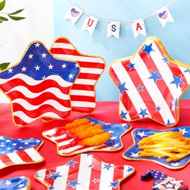 Funnymoom 96 Pcs 9 Inch 4th of July Patriotic Party Decoration Supplies Disposable Dessert Paper Plates Red Blue American Flag Star Shaped Plates with Gold Foil Borders for Independence Day