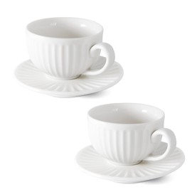 YINUOWEI White Tea Cups and Saucers- 4oz Stackable Ceramic Espresso Cups & Cappuccino Cup Set of 2 for Coffee, Latte, and Tea, Durable Porcelain tea Set & Modern Latte Cup Collection