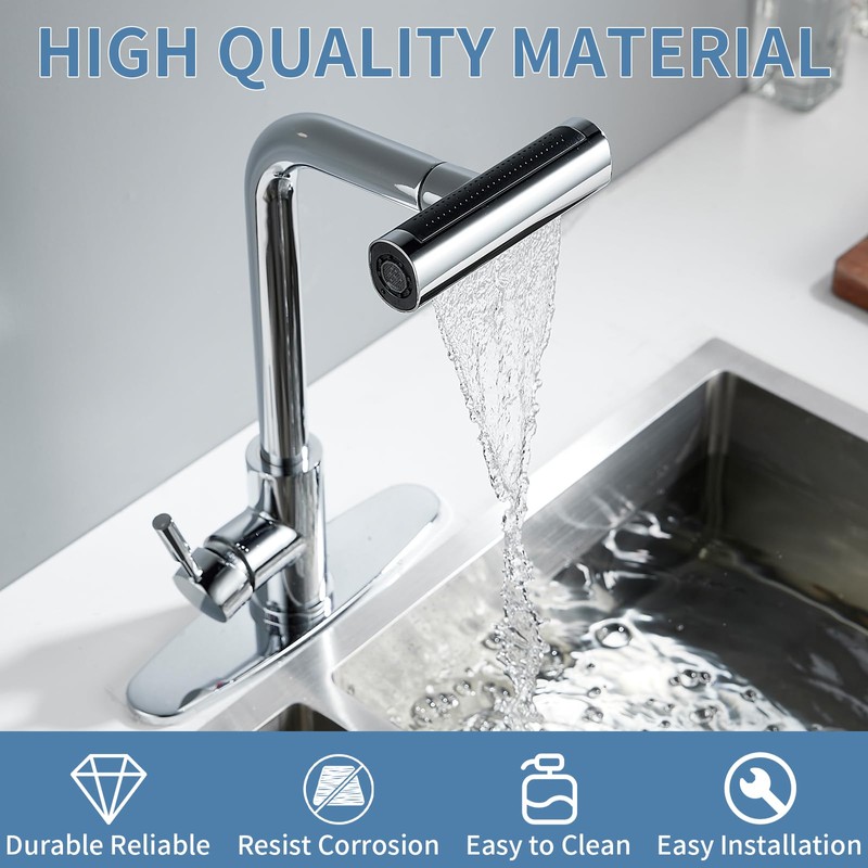 Kitchen Faucet Pull Down 4 Modes(Sweep/Stream/Waterfall/Rainfall) Chrome Kitchen Faucets Pull