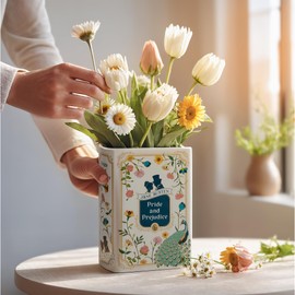 H&H Pride and Prejudice Book Vase for Flowers + Bookmark - Large Ceramic Book Planter Pot - Jane Austen Bookish Decor - Pride and Prejudice Gifts - Bookshelf Vase for Flowers - 2025 Edition