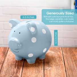 Pearhead Large Ceramic Piggy Bank, Blue Polka Dots, Ideal for Boys and Girls, Kids, Money and Coin Bank, Perfect Baby Boy Nursery Décor, Holiday Toddler Gift