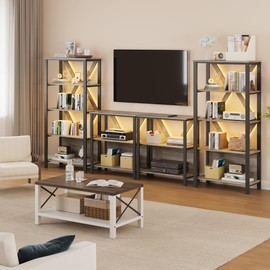 IDEALHOUSE 3 Tier Book Shelf with LED Lights, Grey Industrial Metal Display Book Case, Open Book Shelf Organizer, Tall Bookshelf, Heavy Duty Storage Bookcase for Bedroom Office Living Room