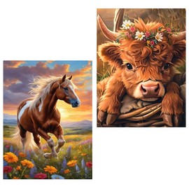 Meothan 2 Pack Highland Cow Diamond Painting Kits for Adults,5D DIY Horse Diamond Art Kits for Adults Full Drill Round Paint Diamond Gems Art for Home Wall Decor Inch12x16 Animal