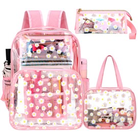 Kacctyen 3 Pcs Pink Clear Backpack Heavy Duty for Girl Boy Kid School Clear Bookbag Transparent Backpack with Lunch Bag(Pink,Daisy)