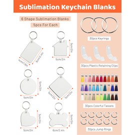 YETOOME Sublimation Keychain Blanks Bulk, 120 Pcs Sublimation Keychain Blanks Set with 6 Shape Sublimation Blanks, Tassels, Keychain Rings and Plastic Retaining Clips for DIY Keychain Crafting