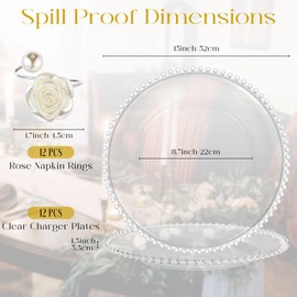 Tioncy 12 Set Clear Charger Plates with Napkin Rings Bulk, 13 Inch Beaded Plastic Round Plates for Dinner, Wedding, Party, and Event Table Decoration (Silver)