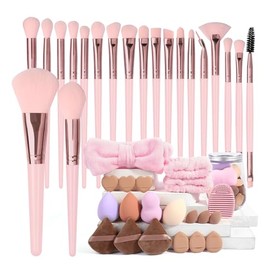 MAANGE 40 Piece Brochas para Maquillaje Profesional con 16 Esponjas 3 Diadema para Cabello y Huevo Limpiador Set de Brochas de Maquillaje Multifuncional Kabuki Sintético Rubor Polvo Base(Rosa)