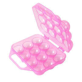 Basicwise Clear Plastic Carton, 12 Egg Holder Carrying Case with Handle, Pink, 7.5" W x 8" L x 3" H