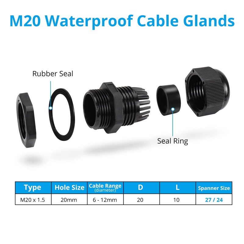 10 Pack M20 20mm IP68 Waterproof Black Cable Glands, Suitable
