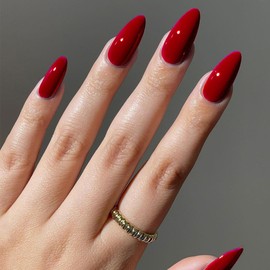 Red False Nails - 24pcs Almond Press on Nails - Medium Fake Nails with Glue - Oval French Tip False Nails - Burgundy Solid Color Stick on Nails - Full Cover Acrylic Nails Glue on Nails in 12 Sizes