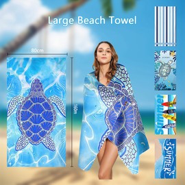 KONFEN Large Microfibre Beach Towel, 160 * 80cm Sand Free Beach Towels for Adults, Quick Dry Lightweight Microfibre Beach Towels for Sports Travel Gym Camping Yoga Summer (Blue Turtle)
