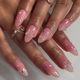 IMSOHOT Almond Press on Nails Pink Medium Fake Nails Stiletto Butterfly Rhinestone False Nails with Designs Glossy Full Cover Acrylic Nails Glue on Nails for Women 24pcs