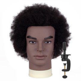 DIRUISI 6"Afro Male Mannequin Head 100% Human Hair Curly Hair 4A Type for Braiding Hairdresser Training Head Cosmetology Afro Hair Manikin Head for Practice Styling Cornrow Braiding with Clamp Stand
