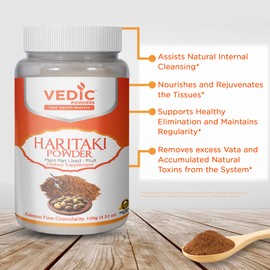 Vedic Haritaki Powder (Terminalia Chebula) - Natural Bowel Cleansing - Terminalia chebula - Ayurvedic Herb - 100 Grams - 3.5 oz