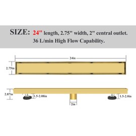 Zenomize 24 Inch Linear Shower Drain Gold Floor Drain with Removable SUS304 Stainless Steel CUPC Certificate and 2-in-1 Tile Insert Grate Cover