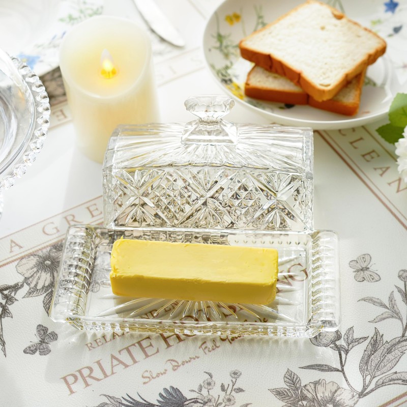 Crystal Covered Butter Dish,8inch Classic Glass 2-Piece Design Butter Keeper