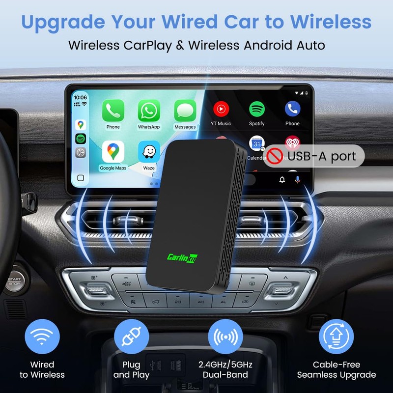 Carlinkit 5.0 Wireless CarPlay & Android Auto Adapter 2air, Plug