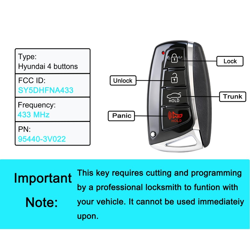 Smart Key Fob for Hyundai Azera 2015-2017, YIKEBALOG 4 Button