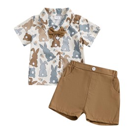 Murnouche Toddler Baby Boy Easter Outfit Button Down Shirt Casual Shorts Summer Clothes Set Brown 3-4T