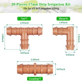 Gardrip 17mm Drip Irrigation Kit：Drip Irrigation Parts for 1/2 Inch Drip Irrigation Tubing with 0.600" ID Drip Line Irrigation Kit 20 Pieces Barbed Connectors Including 7 Couplings 7 Tees 6 Elbows