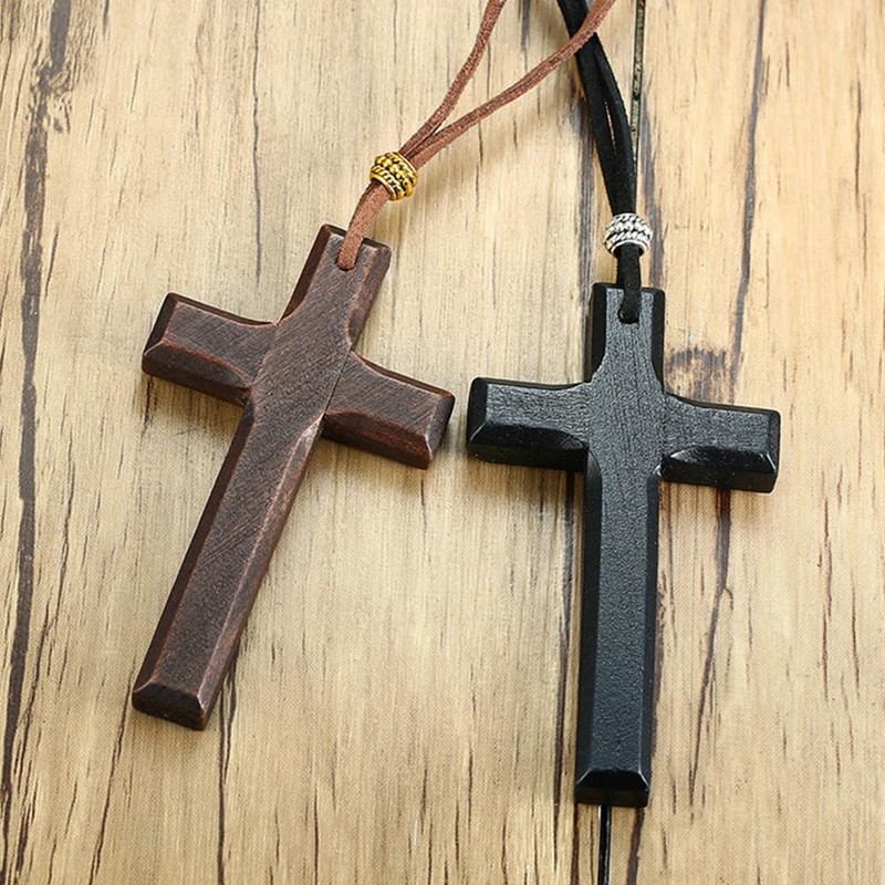 Rockyu Men's Long Cross Necklace Popular Cross Wooden Charm Black