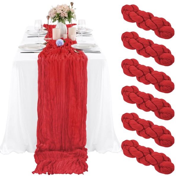 6 Pcs Red Cheesecloth Table Runner 10FT, Gauze Table Runner