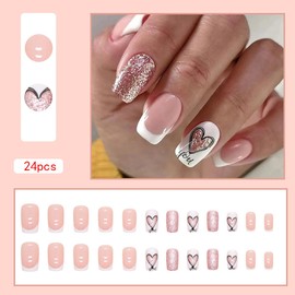 Glitter Heart Press on Nails Medium Square French Tip Fake Nails Black Heart Shiny with Design Glossy Pink Fake Nails Glue Stick on Nail Tip Reusable Natural Fit Valentine's Day False Nails 24Pcs